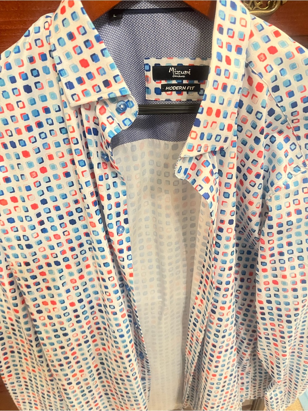 Like new Italian Mizini Modern Fit White Button-Up Shirt with Blue & Red Print L - Picture 3 of 4